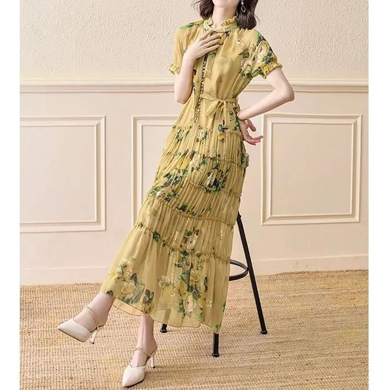 

Women Floral Print Ruffle Lace Up Bow Elegant Chic Party Long Dresses Summer Fashion Short Sleeve Slim Vacation Beach Dress Robe