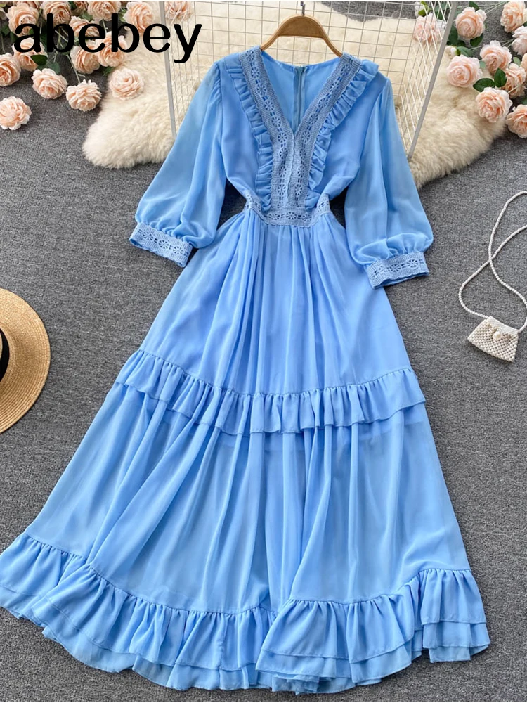 

Платье-макси в стиле бохо, женское однотонное летнее праздничное пляжное платье, женский свободный сарафан с коротким пышным рукавом, синее...