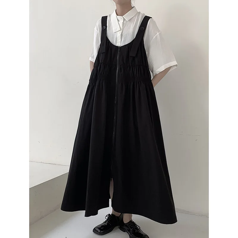 

Large Size Ladies Loose Mid-Length Strap Dress 2022 Summer New Front Zipper Pleated Fashion Trend Casual Strap Dress