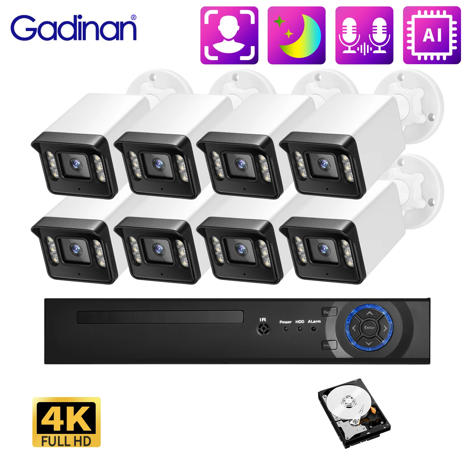 

Gadinan Outdoor Two-Way Audio Webcam Video Kit Color Night Vision Face Detection Security Camera System 8MP POE NVR CCTV Set