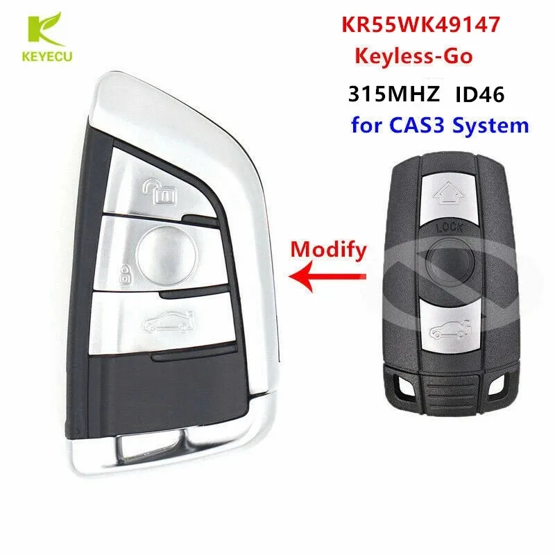 KEYECU Replacement Keyless-Go Modify Remote Start Key 3 Button 315/868 MHz ID46 Chip for BMW CAS3 3/5 E Series X5 X6 2006-2011