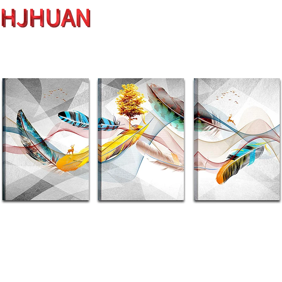 

3pcs Nordic light luxury decoration, feathers Full diamond painting handmade diamond embroidery mosaic art kit home decoration