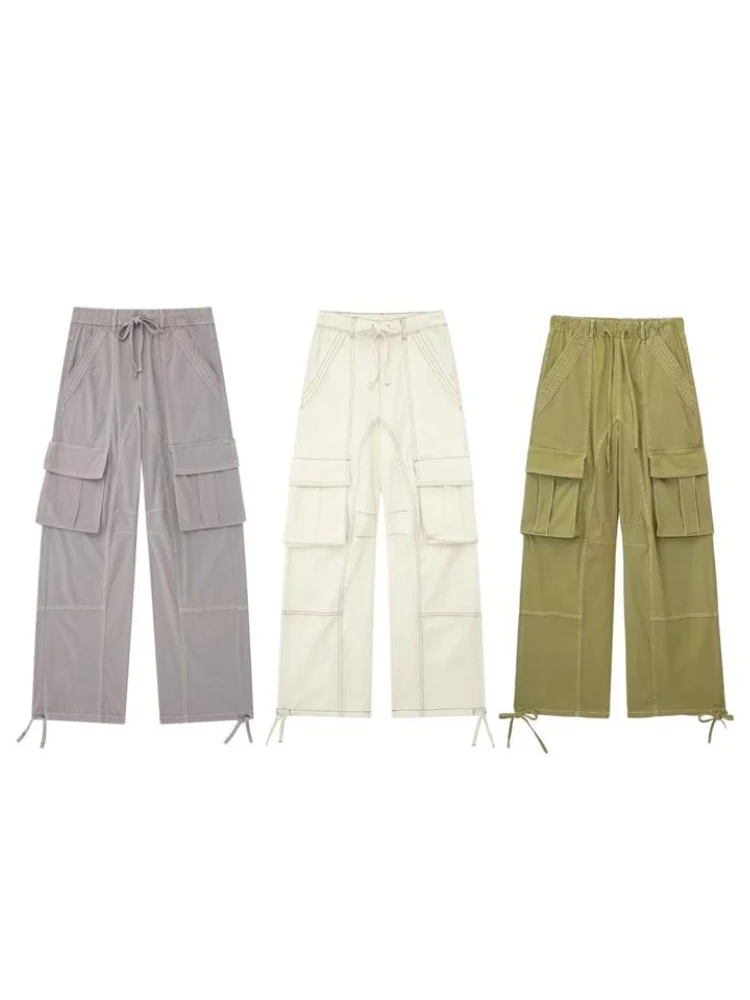 

TRAF New Women Solid Cargo Pants 2023 Summer New Safari Style Female Stitching Decoration Drawstring Pocket Long Pant 3 Colors