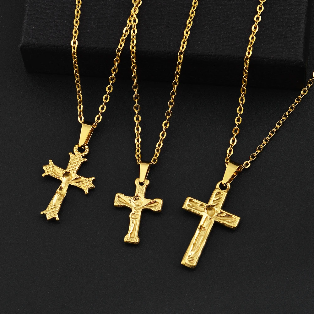 Gold Color Plated Cross Pendant Necklace for Men Women Stainless Steel Chain Simple Jewelry Gift