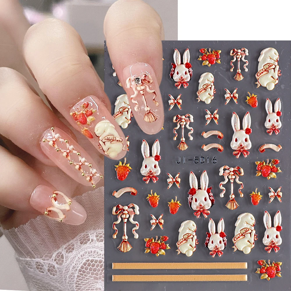 

5D Bunny Nail Stickers Sweet Strawberry Ribbons Embossed Sliders For Nail Cute Cartoon Rabbit Decals Manicure Wraps GLJI-5D16
