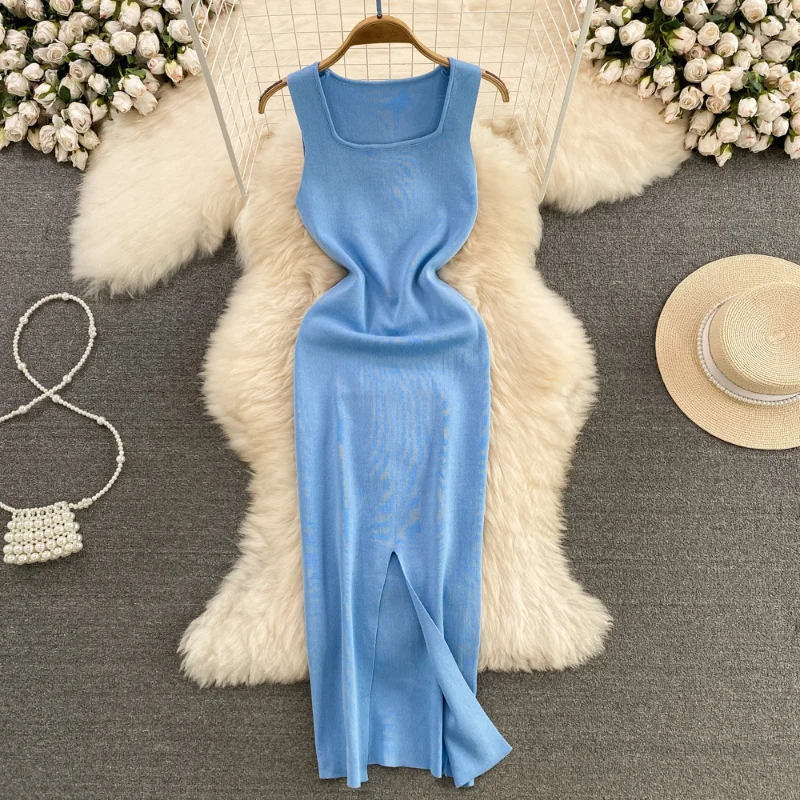 

Casual elegant slim sexy dress, Summer Dresses for Women Knitting Solid Spring Summer Vintage Sexy Vestidos Mujer Square Nec2023