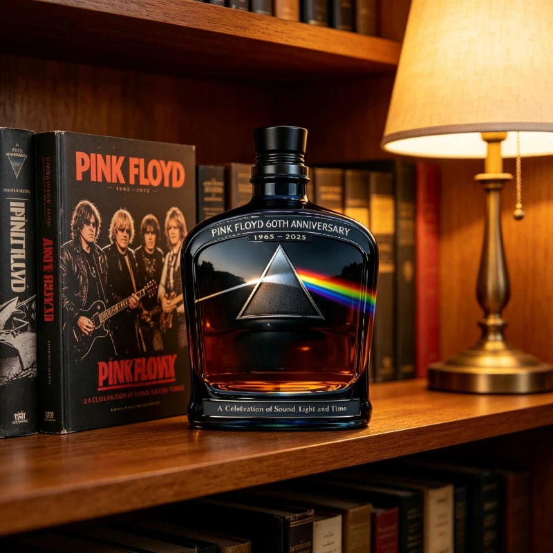 Фото Коллекционный графин Pink Floyd к 60-летию: «Темная сторона Луны» – фляга для виски с принтом, аксессуар для бара, декор №1