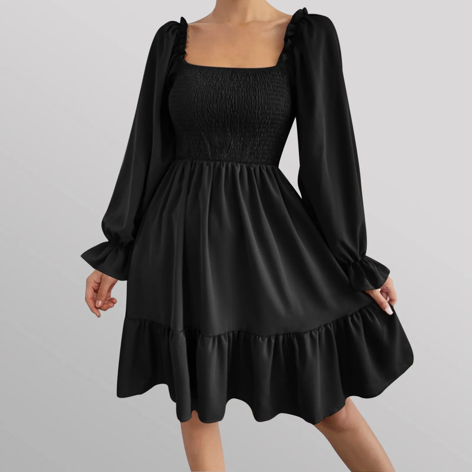 

Women's Autumn Fashion High Waist Mid Skirt Ruffled Edge Skirt Square Neck Solid Color Casual Dresses Knee Length For Women