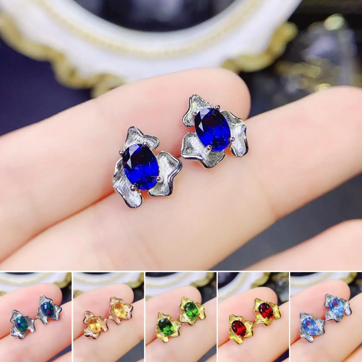 

FS 5*7 Natural Sapphire/Diopside/Opal/Citrine Fashion Earrings S925 Pure Silver Fine Charm Wedding Jewelry for Women MeiBaPJ New