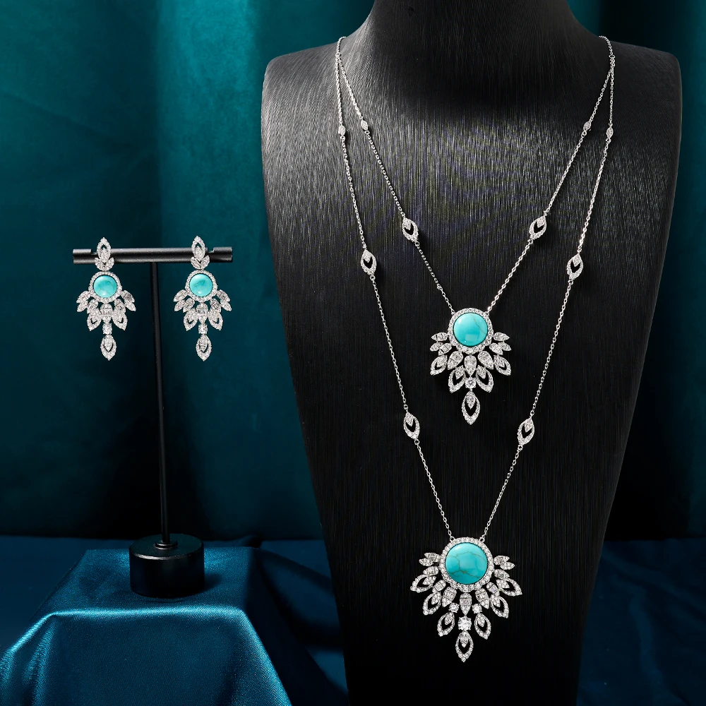 

TIRIM Turquoise Layered Long Necklace Set for Women Cubic Zirconia Party jewelry Necklace and Earrings Wedding Bridal Jewellery