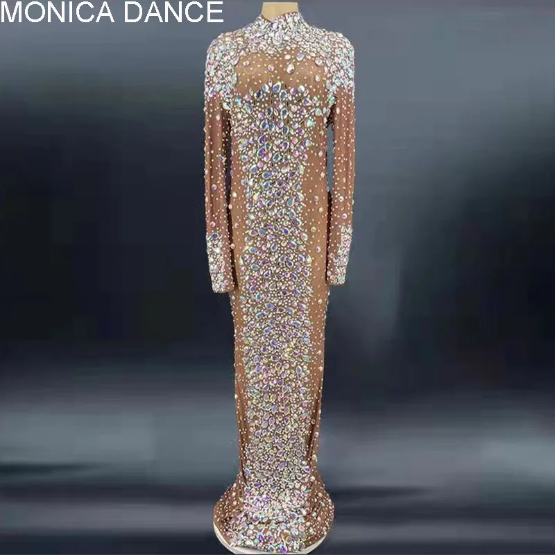 

Women Sexy Sparkly Silver Big AB Rhinestone Transparent Tan Dress Evening Birthday Celebrate Luxurious Costume Dancer Host Dress