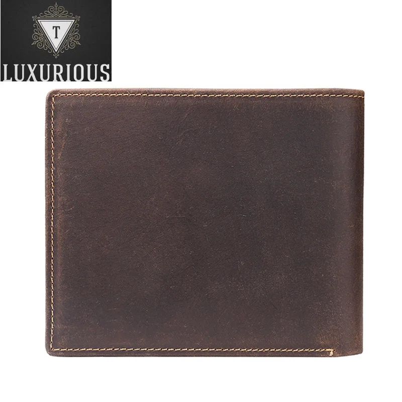 

100% Genuine Leather Crazy Horse Cowhide Wallet Short Bifold Men Wallets Luxury Casual Coin Pocket Purse ID & Credit Card Holder