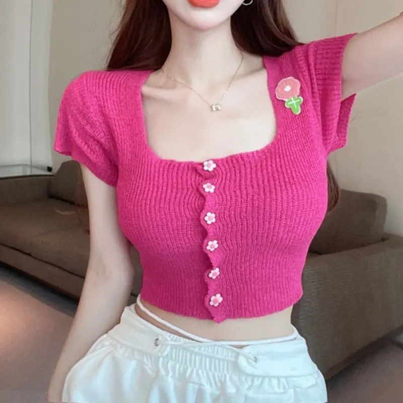 

Sweet Short Sleeve Knit Sweetheart 2023 Summer New Small Market Sweet and Spicy Fruit Green Cardigan Top for Women