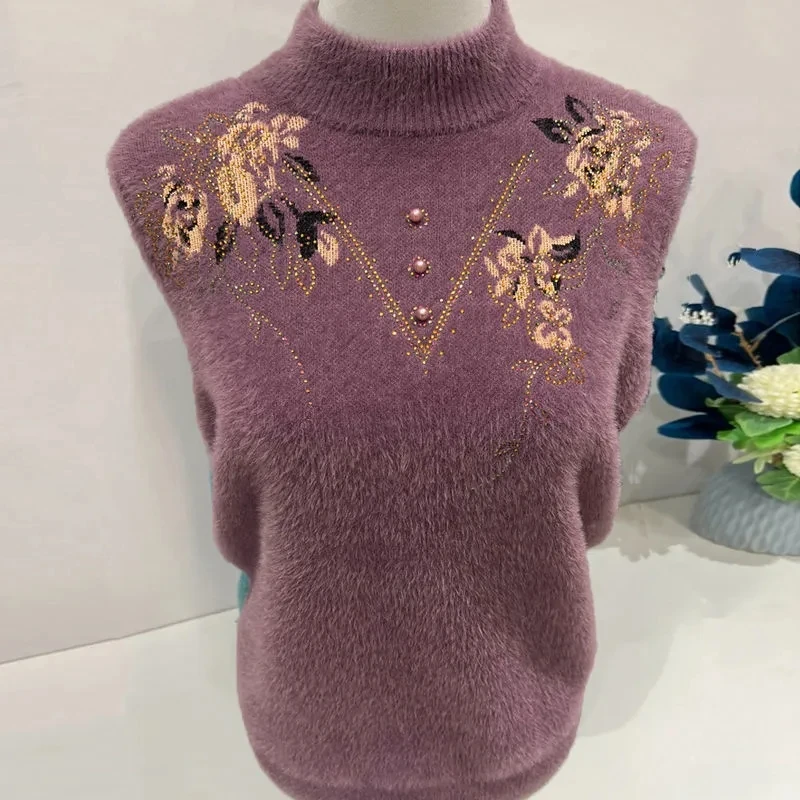 

Mother Autumn Winter Sweater New Imitation Mink Velvet Thick Warm Women Pullover Elastic Soft Embroidery Female Knitted Jumper