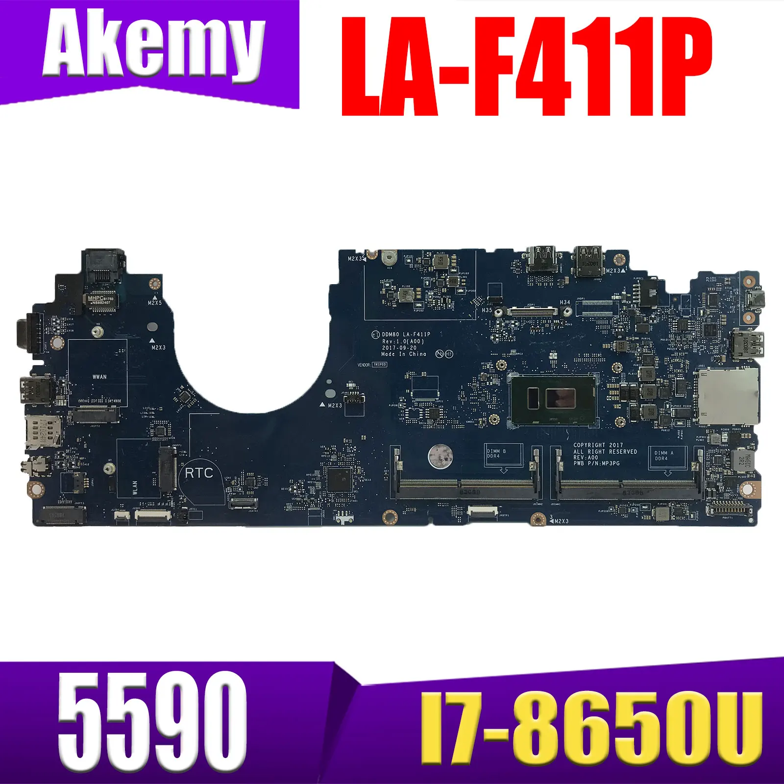 

Exchange! CN-0T30H8 0T30H8 T30H8 High Quality For 5590 Laptop Motherboard LA-F411P Mainboard With SR3L8 I7-8650U CPU