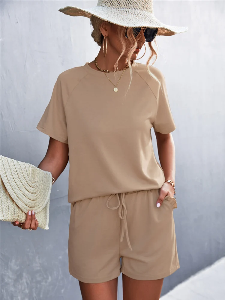 

Mandylandy Women Elegant Summer Outfits Tracksuit Fashion Female Y2K Short Sleeve Shirt Top Drawstring Waist Shorts 2 Piece Set