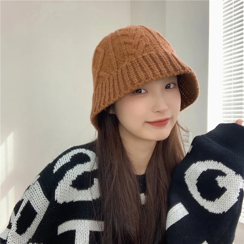 

Autumn Winter Panamas Hat for Women Thick Knitted Hat Women's Warm Woolen Fisherman Hat Hip-Hop Skullies Cap