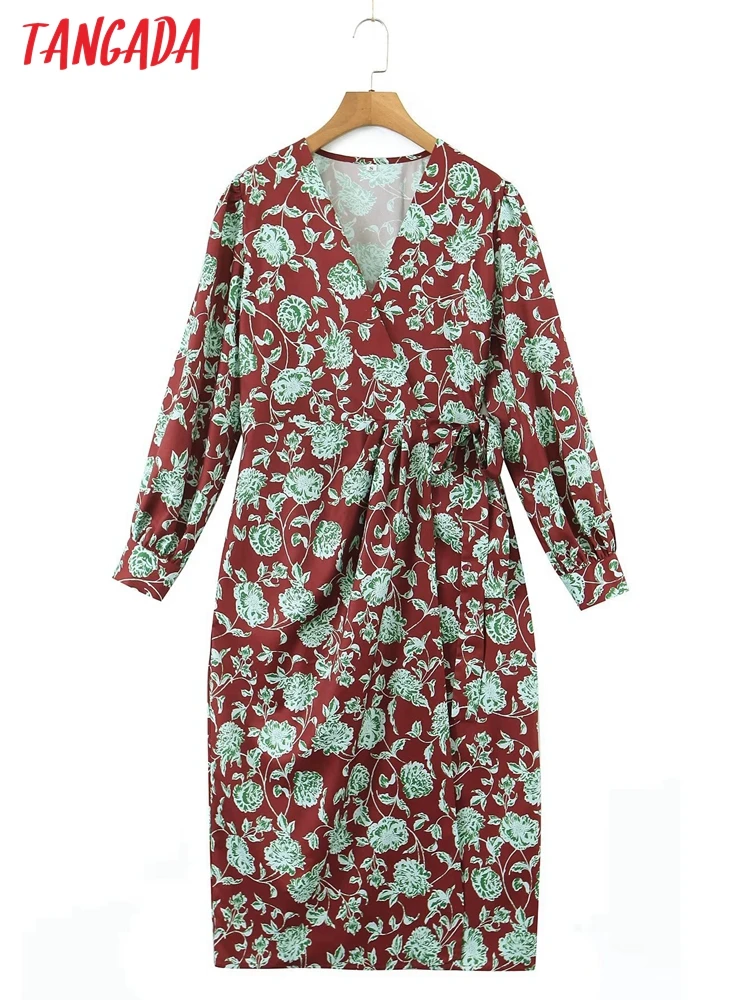 

Tangada 2022 Fashion Women Flowers Print Wrap Dress Long Sleeve Office Ladies Midi Dress SL156