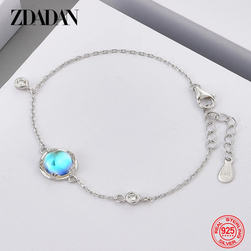 

ZDADAN 925 Sterling Silver Fashion Natural Round Moonstone Bracelet Chain For Women Bangle Jewelry Wedding Gift