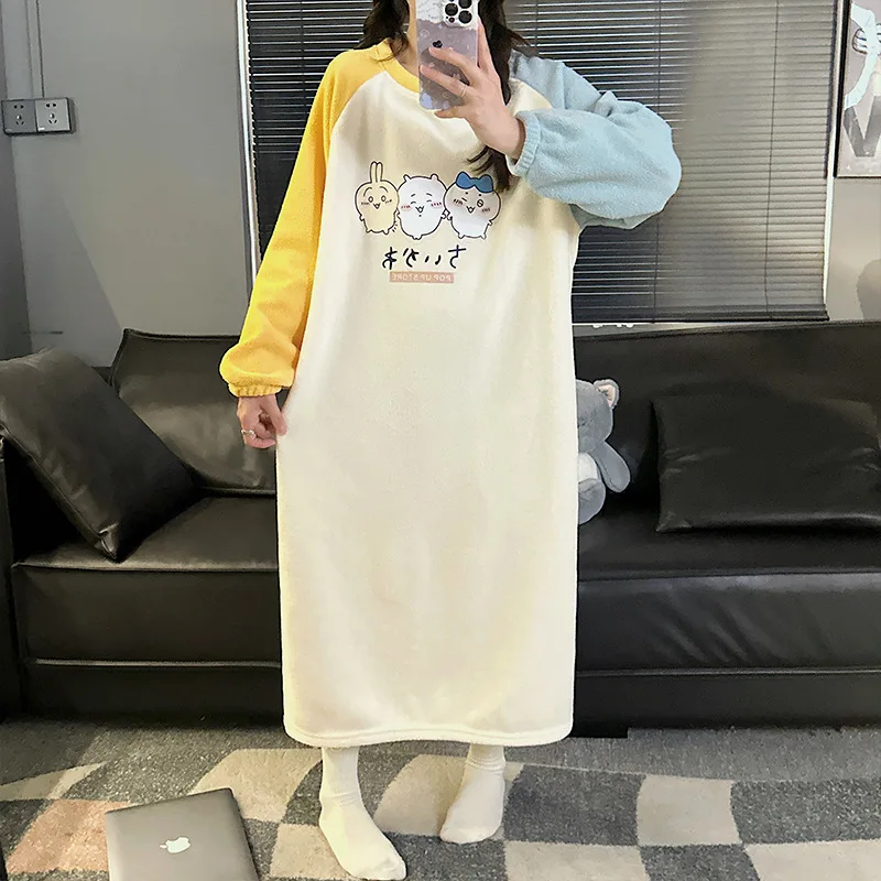 Ночная рубашка из кораллового флиса с рисунком Чиикава Усаги Y2K весенне-осенняя