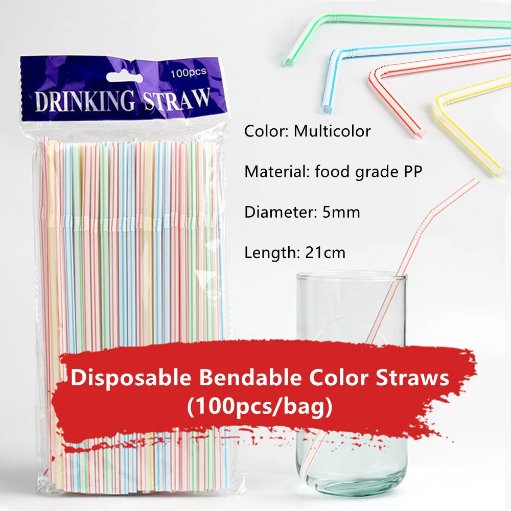 

100 Pcs Disposable Elbow Plastic Straws For Kitchenware Bar Party Event Alike Supplies Striped Bendable Cocktail Drinking Straws