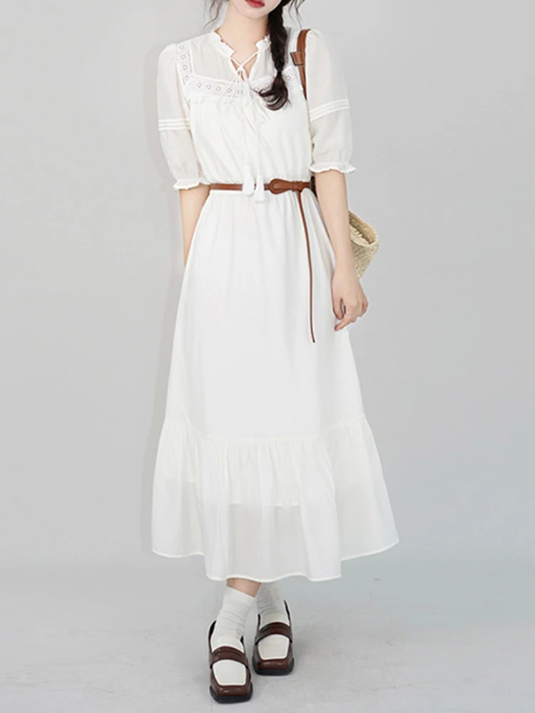 

Jastie French V-neck Tie White A-line Dress Women Five-quarter Sleeves Puff Sleeves Dresses Female Summer Vacation Long Dress
