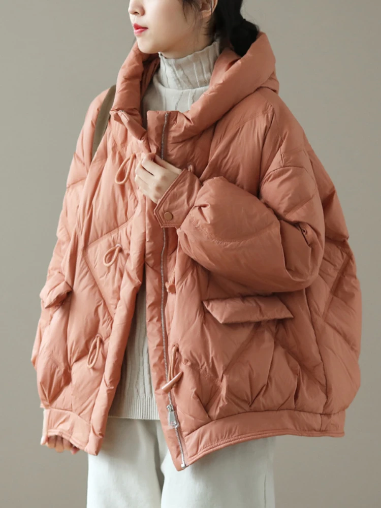 2022 Winter Jacket Women Coat 90% White Duck Down Solid Color Slim Horn Button Warm Hooded Loose Outerwear Streetwear Fashion