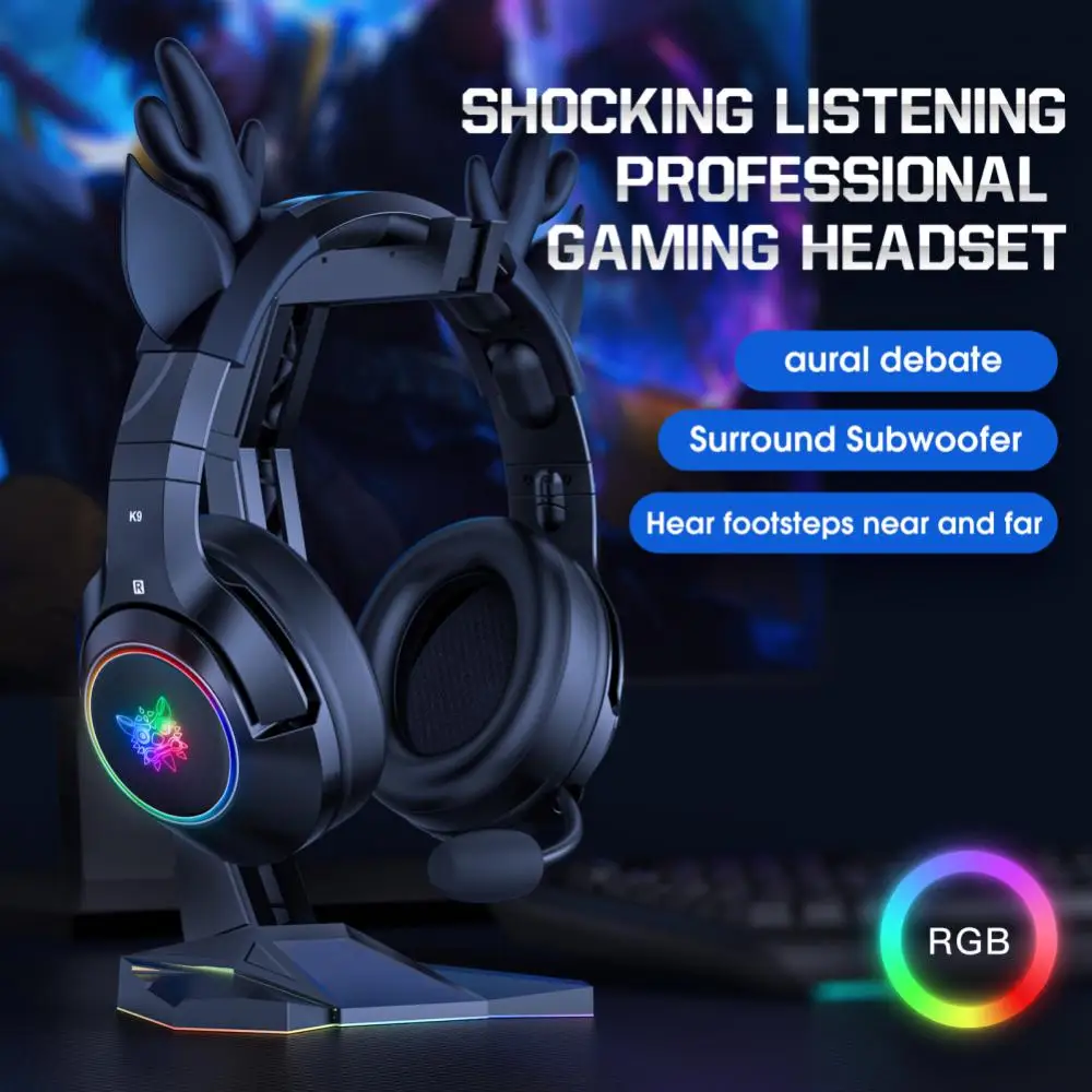 

Новинка 2022, наушники K9 Pink Elk Ear с RGB светодиодный Ной подсветкой, гибкая игровая гарнитура с микрофоном, 7,1 объемные компьютерные наушники для ...