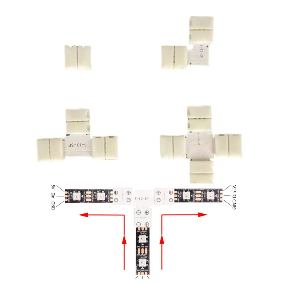 

5pcs LED Strip Solderless Led Connector 2/3/4/5PIN L/T/X Shape Corner Connector For 10mm WS2811 WS2812 5050 RGB Led Strip Light