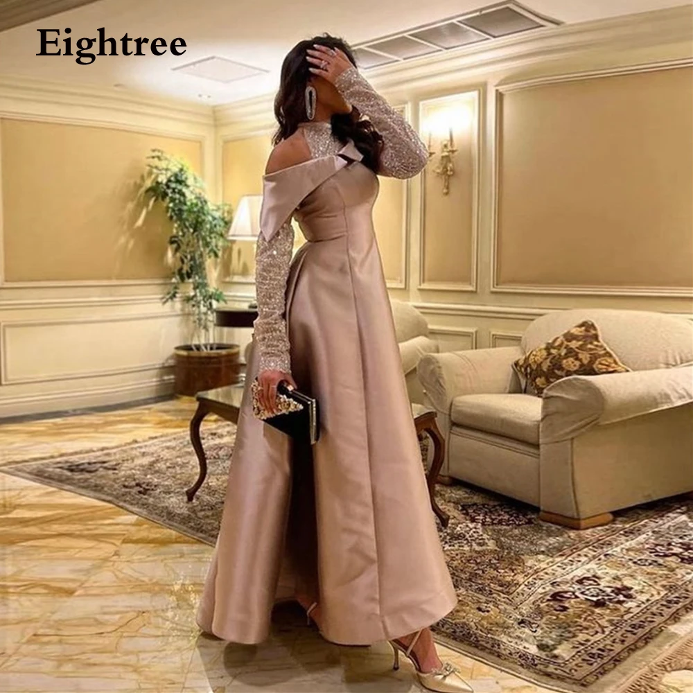 Arabic Dubai Champagne Prom Dresses 2022 Glitter Full Sleeves Long Stain Elegant  Evening Dress Party Dresses Robes De Soirée
