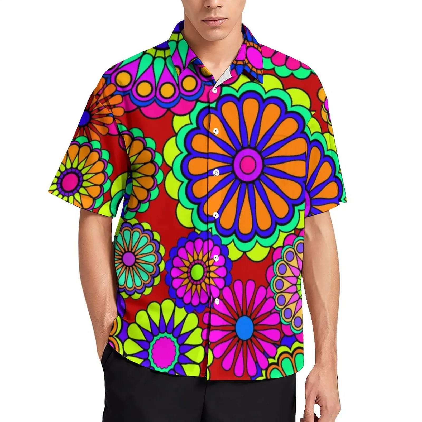 

Красочная рубашка Peace в стиле ретро для отпуска, мужские повседневные рубашки в стиле хиппи с цветами, гавайская дизайнерская забавная блузка большого размера с коротким рукавом, подарок