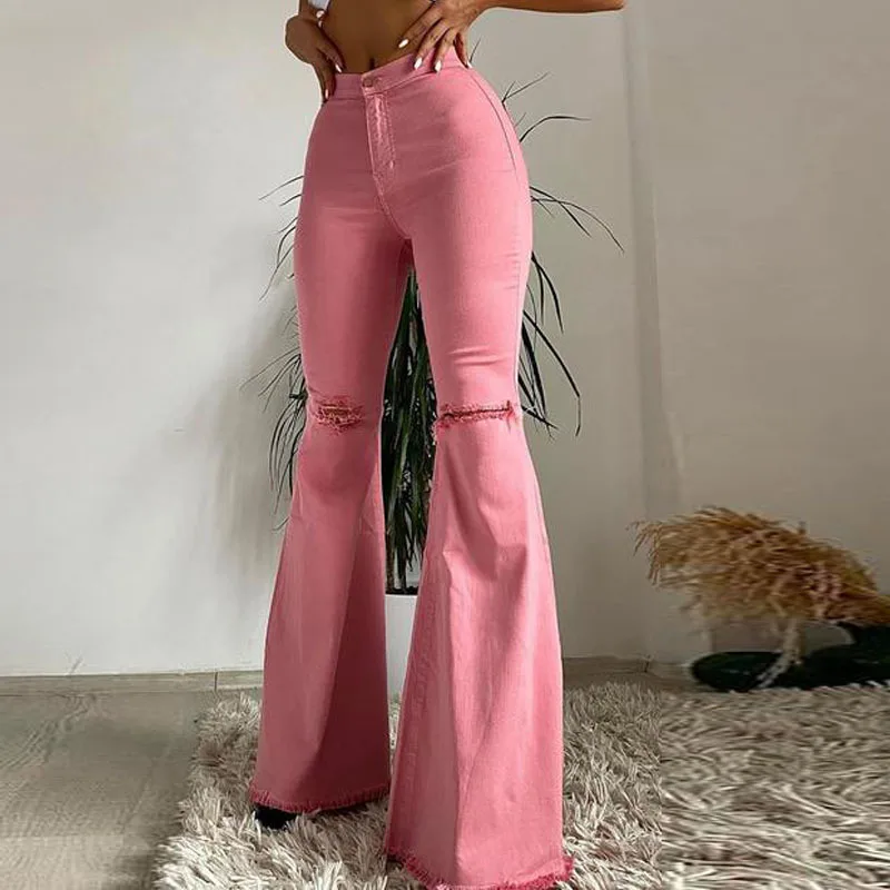 Solid Color Bell-bottoms Women's Jeans 2023 Fashion With Holes Mid Waist Washing Water Wide Legs Flared Jeans Street Trendsetter