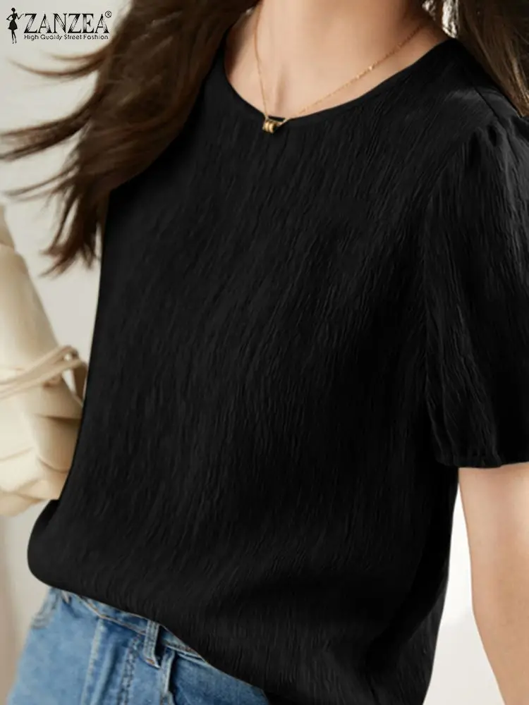 

ZANZEA Casual Loose Women Texture Fabric Tops Fashion Solid Color Tops Holiday Short Sleeve O-neck Shirts Oversized Korean Tunic