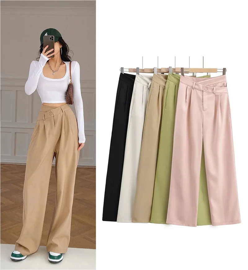2022 Spring And Summer Fashion Women Pockets Elegant Office Lady Wide Leg Suit Pants