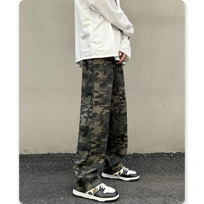 Men Outdoor Camouflage Overalls Jeans Men's Pants Loose Hanging Feeling Straight Tube Wide Leg Rest Slacks Denim Trousers