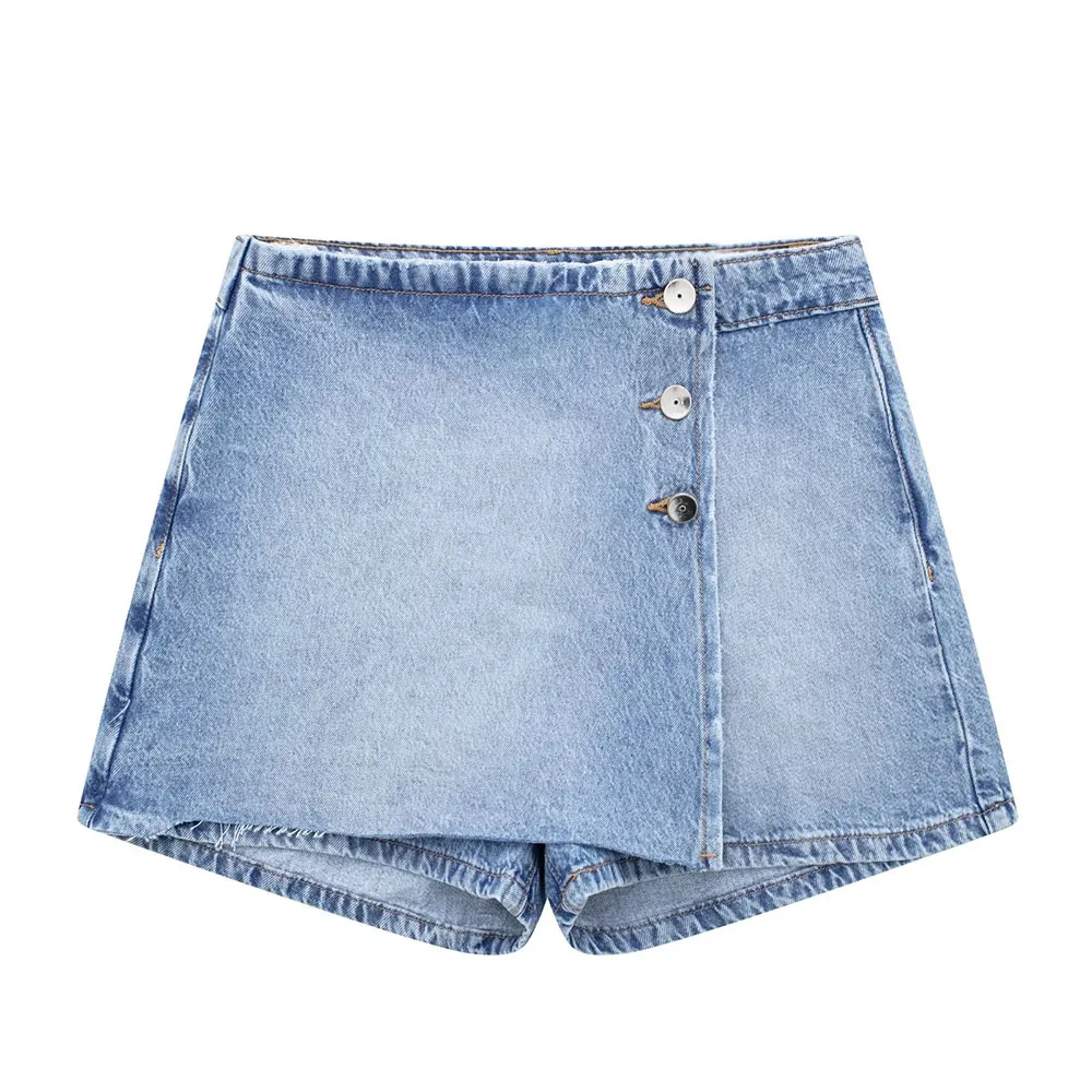 

PB & ZA Women 2023 Summer New Fashion Buckle Double-breasted Culottes Casual High Waist Chic Front Zipper Denim Shorts Mujer