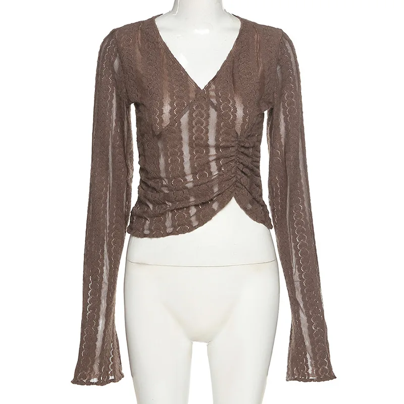 

Модная Новая женская облегающая футболка с длинными рукавами-фонариками, модель 2021 года, новая осенняя однотонная привлекательная сетчатая Прозрачная Футболка,