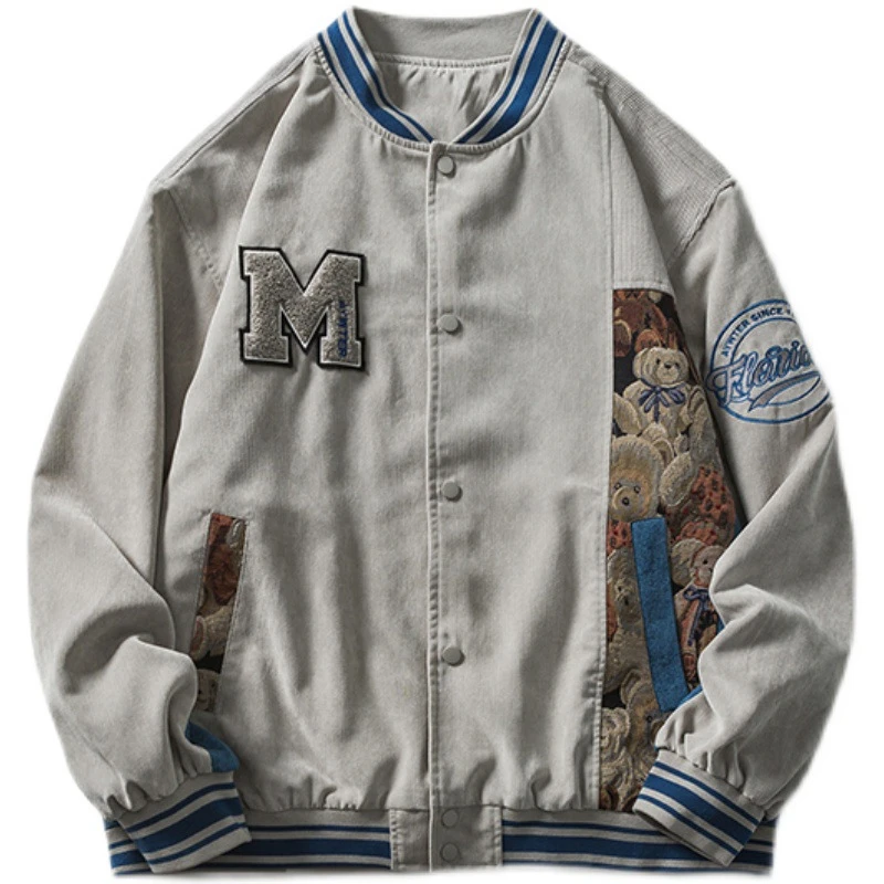 

Men Embroidered Button Front Bomber Jacket Coat Casual Veste Americaine Baseball Letter Bear Print Patched Vintage jackets