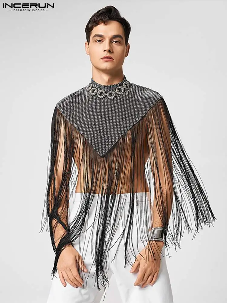 

Casual Well Fitting Tops INCERUN Men's Long Tassel Shining Eement Waistcoat Sexy Fashion Triangular Shape High Neck Vests S-5XL