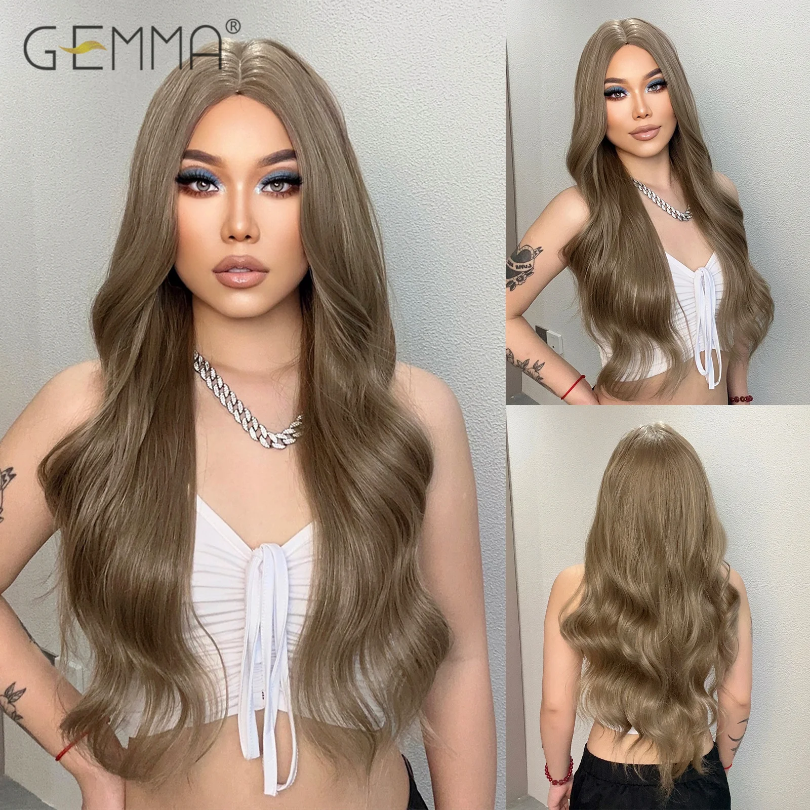 

Synthetic Ash Light Brown Hair Wig Long Natural Wavy Wigs for Women Middle Part Cosplay Party Daily Heat Resistant Fibre Wig