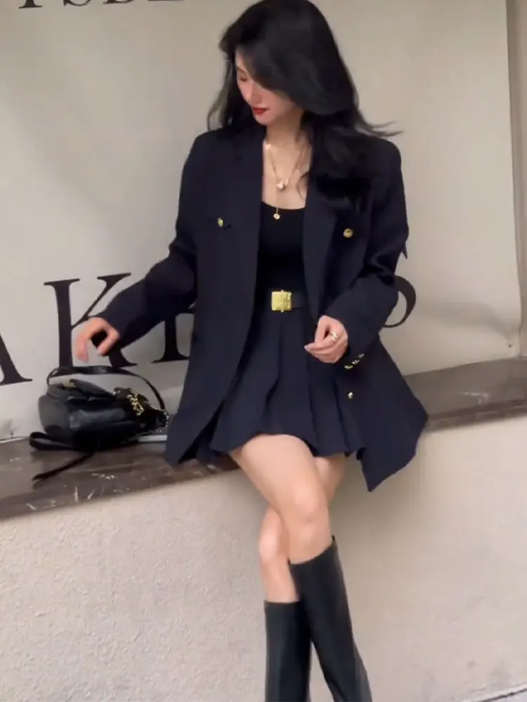 

Осень 2023, новый элегантный модный блейзер UNXX, куртка миди, юбка, плиссированная короткая юбка, набор из 2 предметов в академическом стиле, высокое качество, нет