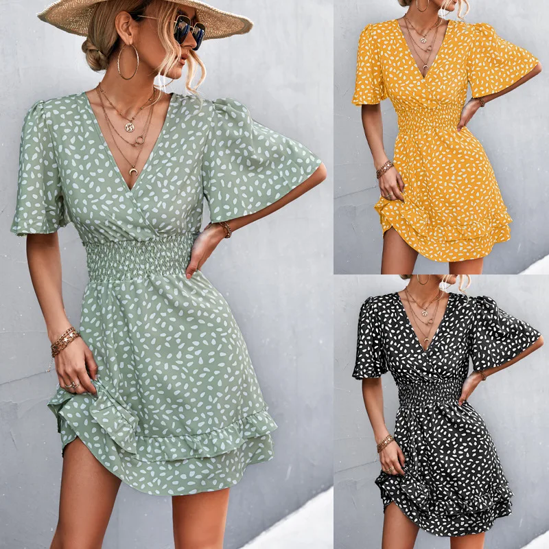 

2022 New Urban Street Casual Classic Sexy Girl V-Neck Lotus-Leaf Sleeves Waist And Sweeping Ladies Dress