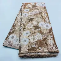 Hot Sales 5 Yards High Quality Coffee Jaquard African Aso Ebi Flowers Demask India Nice Fabric Lace Chocolate  F035
