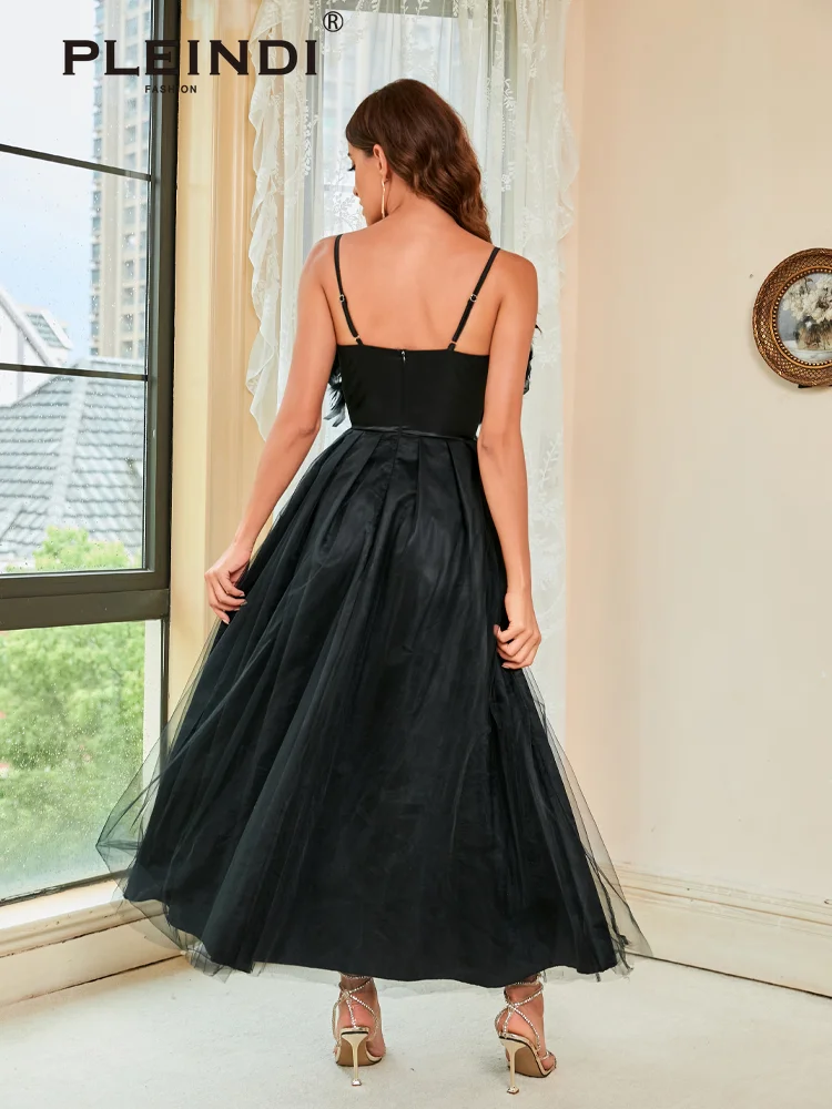 PLEINDI Elegant Evening Dresses Tulle Spaghetti Strap Feathers Backless Ankle Length 2022 New of Simple Party Women Prom Dress