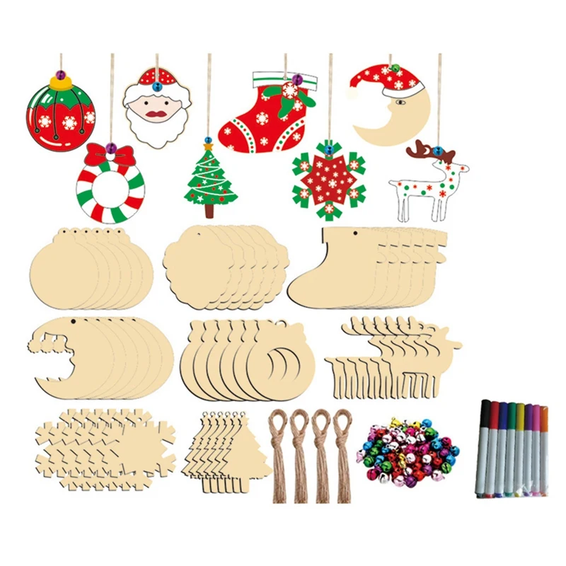 

1Set Wooden Christmas Tree Shape Cutouts Crafts Natural Wood Hanging Ornaments with Twines for Christmas Decoration