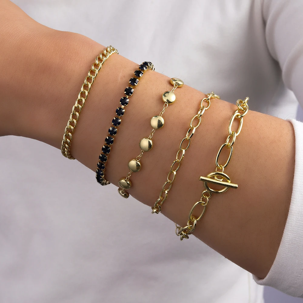 

Multilayer Beaded Bracelets Set OT Buckle Claps Black Crystal Glass Gold Chains For Women Gifts Party Wedding Summer Beach Gifts