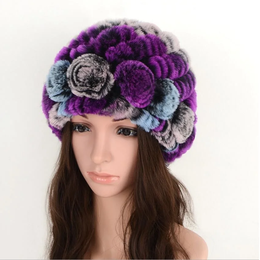 

Genuine Rex Rabbit Fur Hat Women Winter Knitted Beanies Russian Girls Cap with Flower Female Knitted Top for Mom