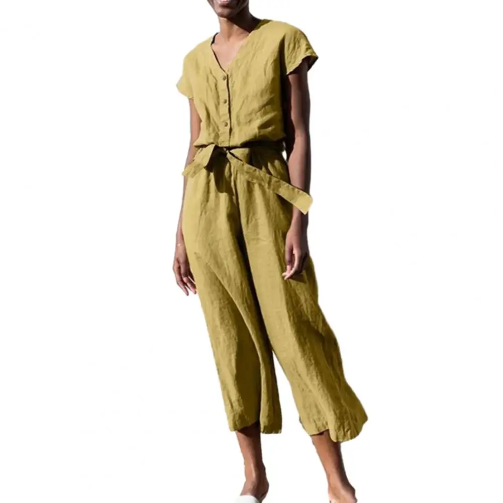 

Wide Leg Jumpsuit Stylish Summer V-neck Jumpsuit Chic Half Placket Design Wide Leg Silhouette Belted Waist Streetwear for Women