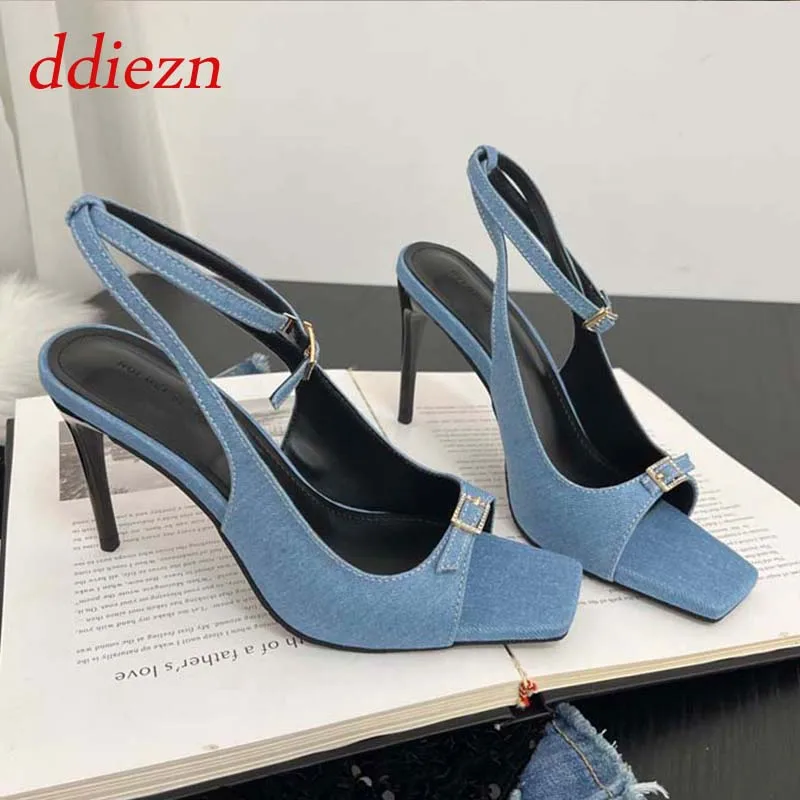 

Pumps Elegant Ladies Thin High Heels Summer Female Footwear New In Denim Fashion Square Toe Shoes Women Sandals Heeled 9CM