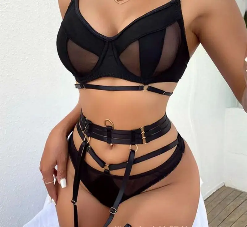 

Эротическое нижнее белье, сексуальный сетчатый прозрачный ремешок, красивая спина, тонкий пояс с подвязками, комплект из трех предметов для...